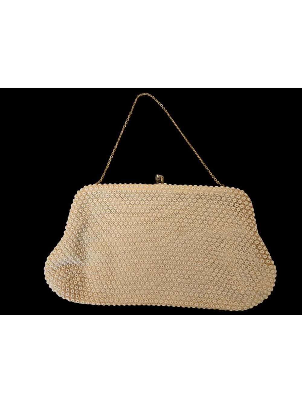 Vintage Cream Beaded Clutch Purse With‎ Gold-Tone Chain Strap  Kiss-Lock Closure